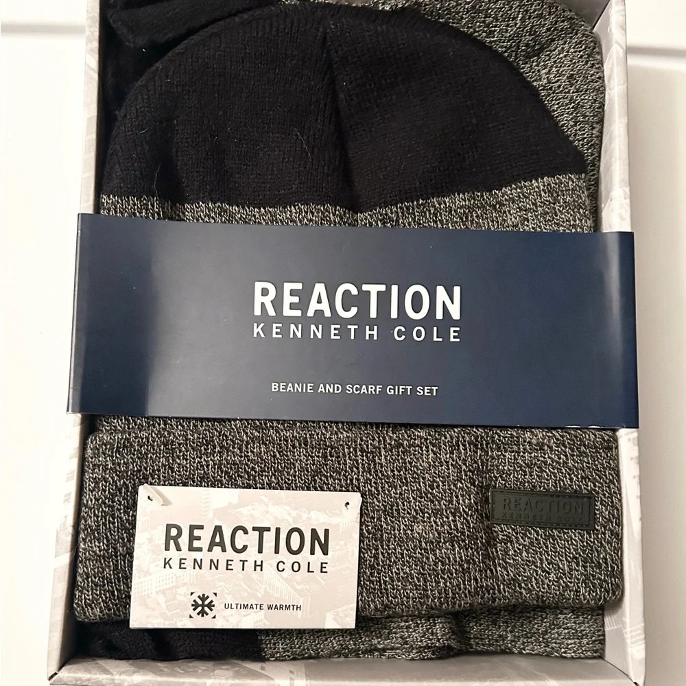Kenneth Cole Beanie and Scarf Set Black Grey NWT
